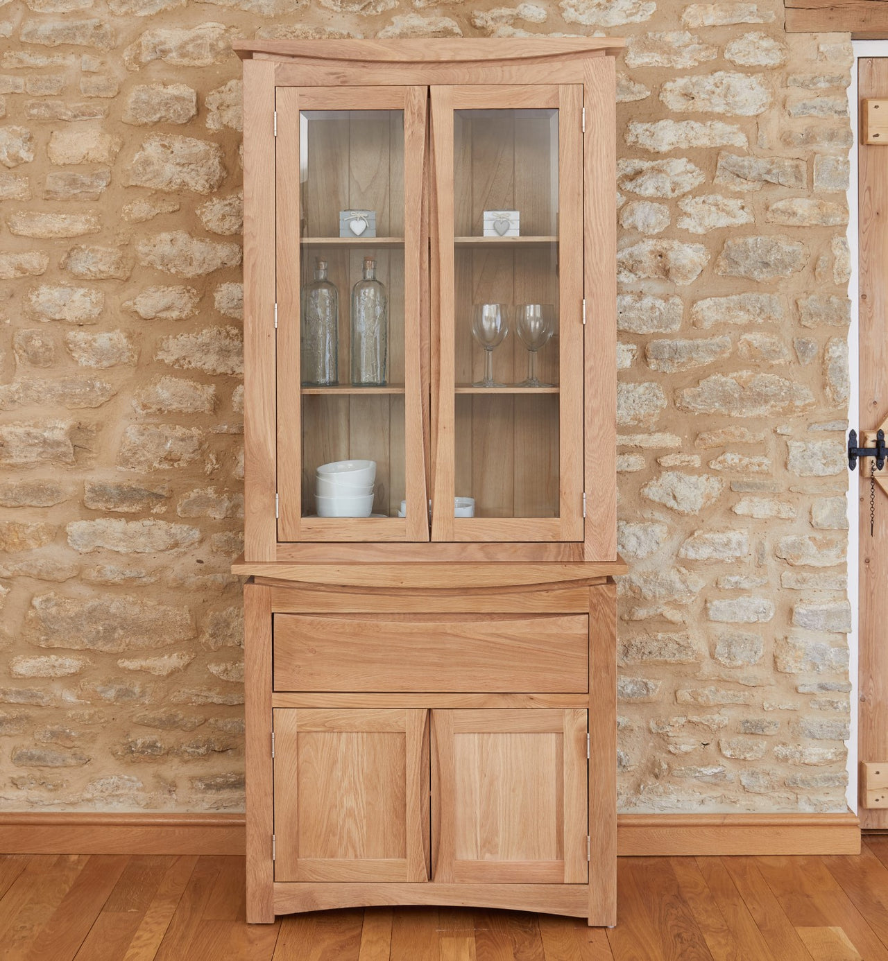 Natural Oak Wood 2 Door Small Glazed Display Cabinet Dresser