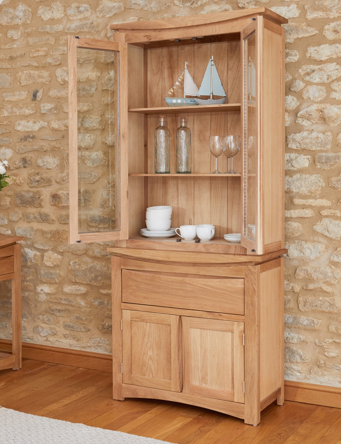 Natural Oak Wood 2 Door Small Glazed Display Cabinet Dresser