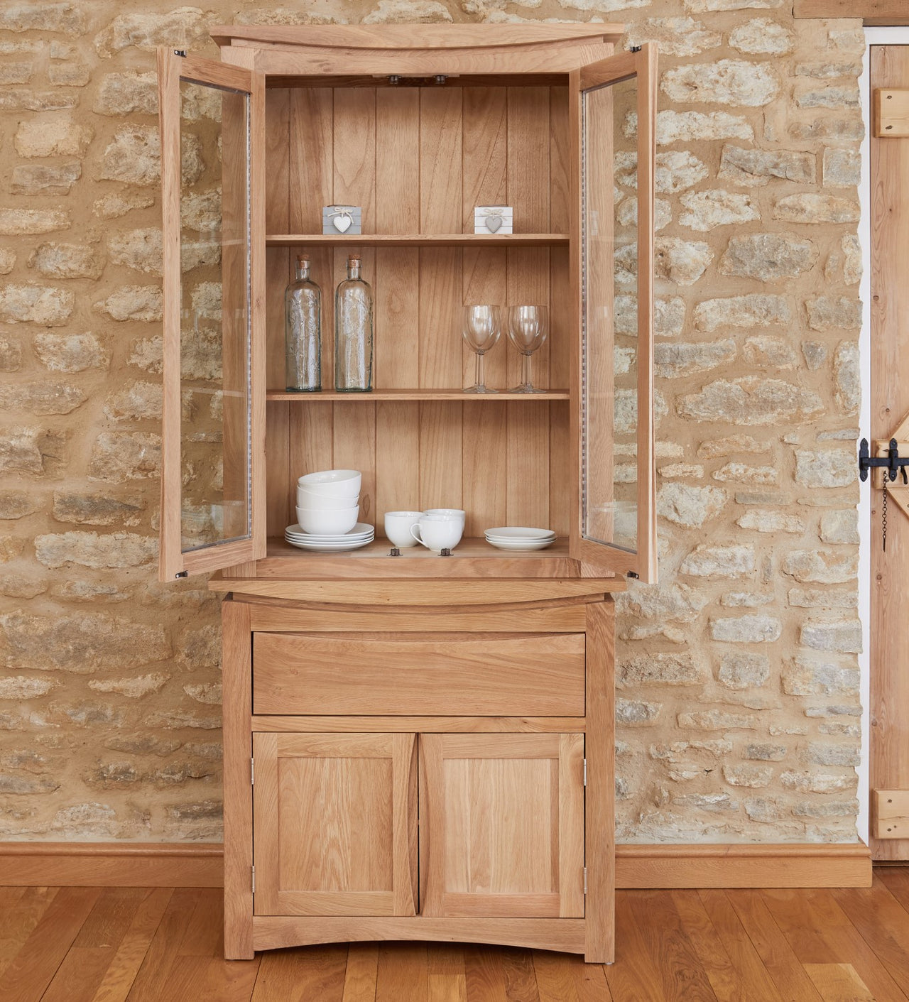 Natural Oak Wood 2 Door Small Glazed Display Cabinet Dresser