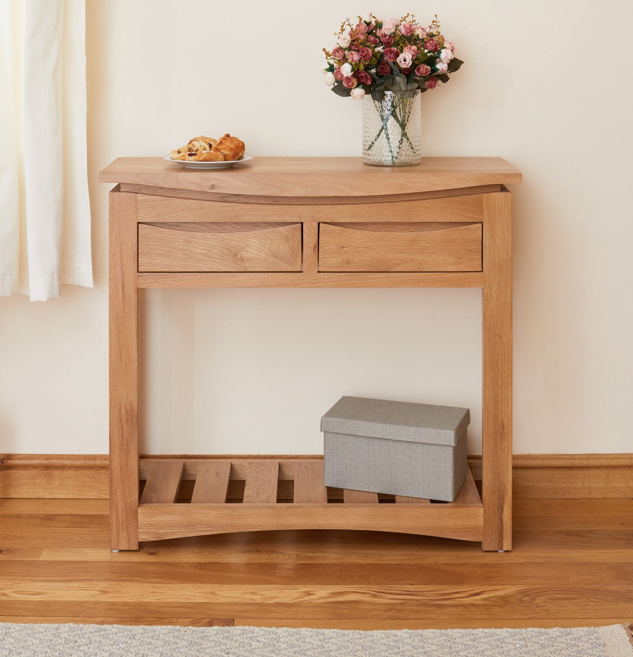 Light Solid Oak Console Table With 2 Drawers and Lower Shelf