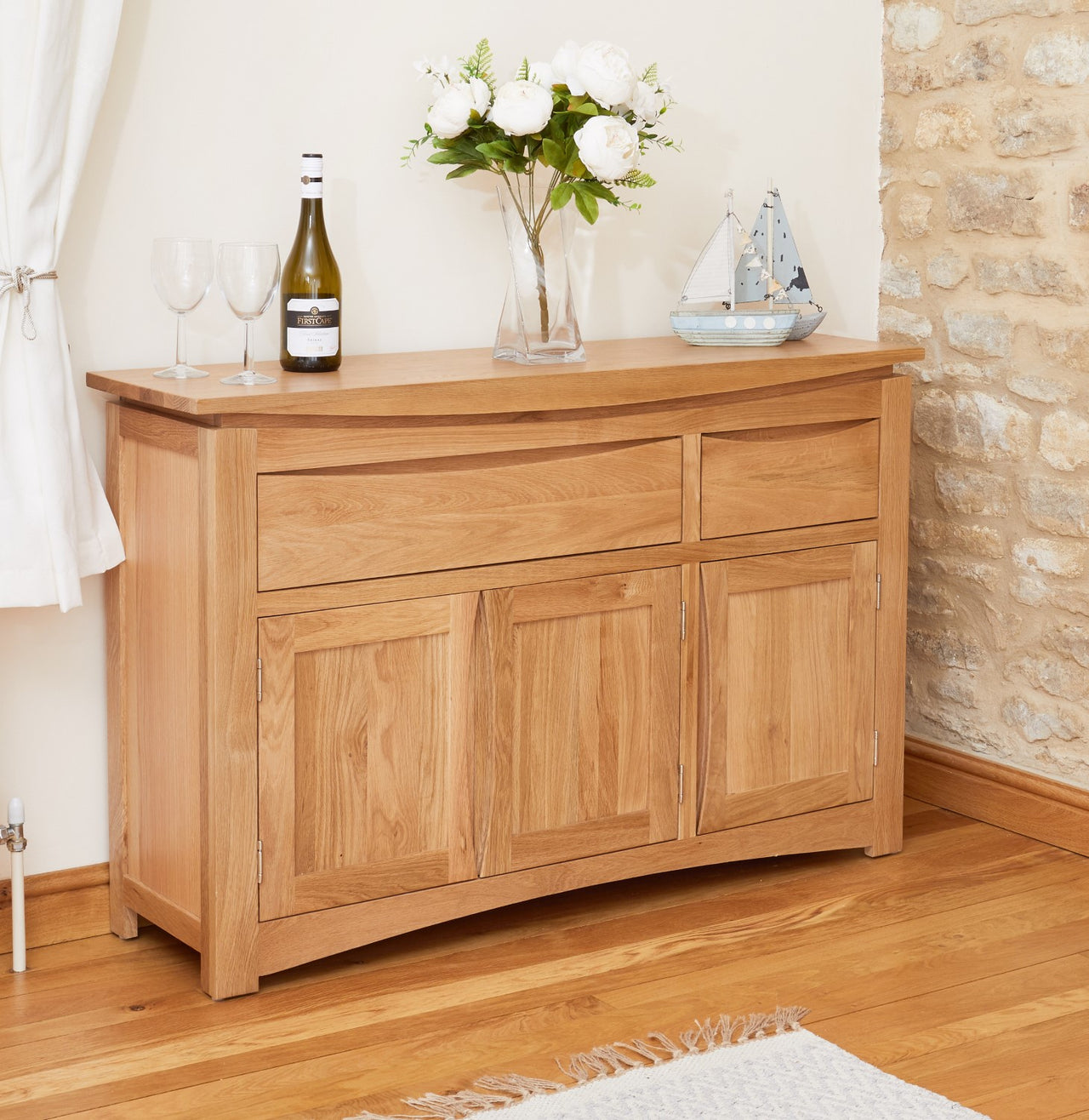 Light Solid Oak Large Wide Sideboard Cupboard 3 Doors 2 Drawers