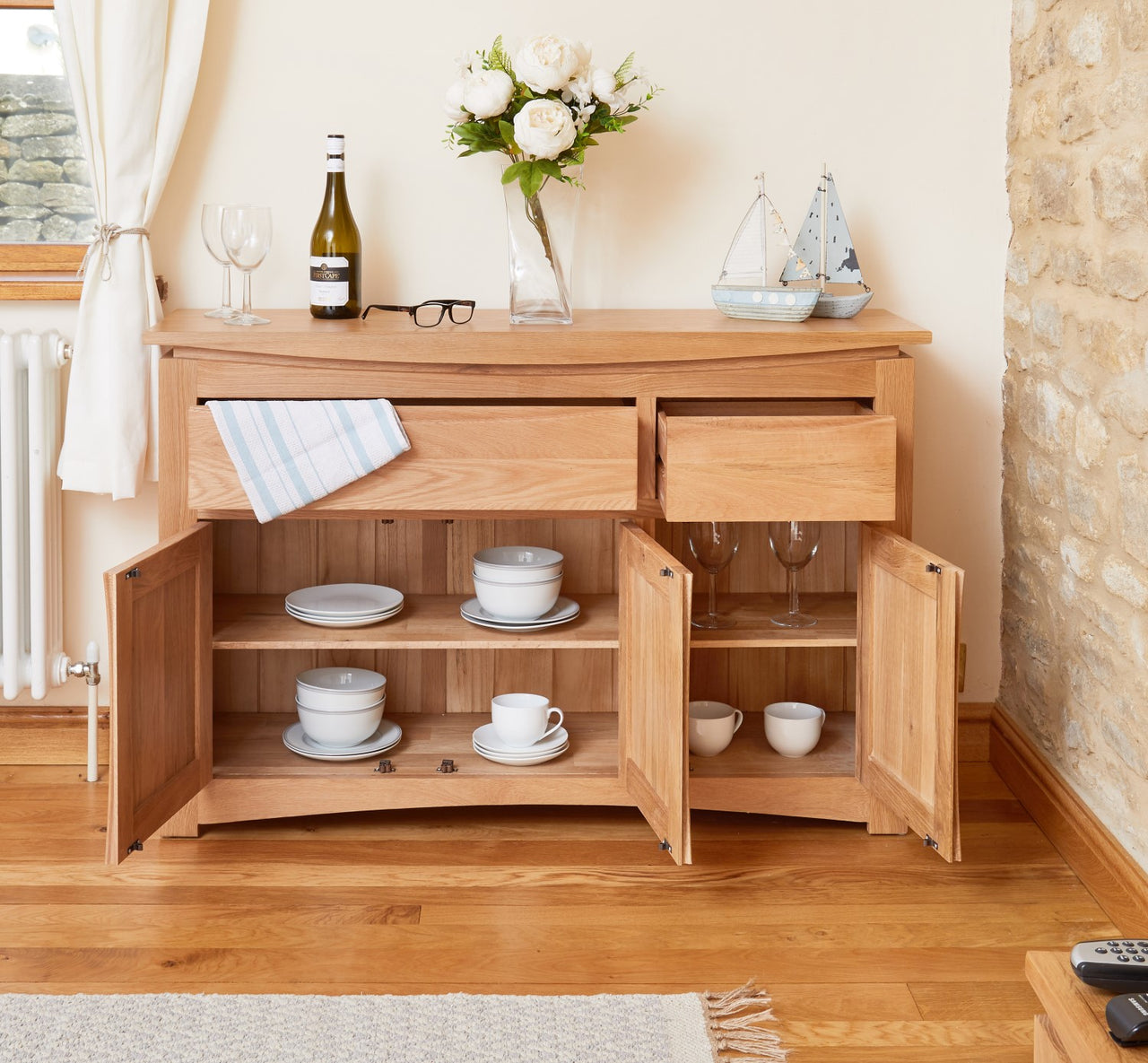 Light Solid Oak Large Wide Sideboard Cupboard 3 Doors 2 Drawers