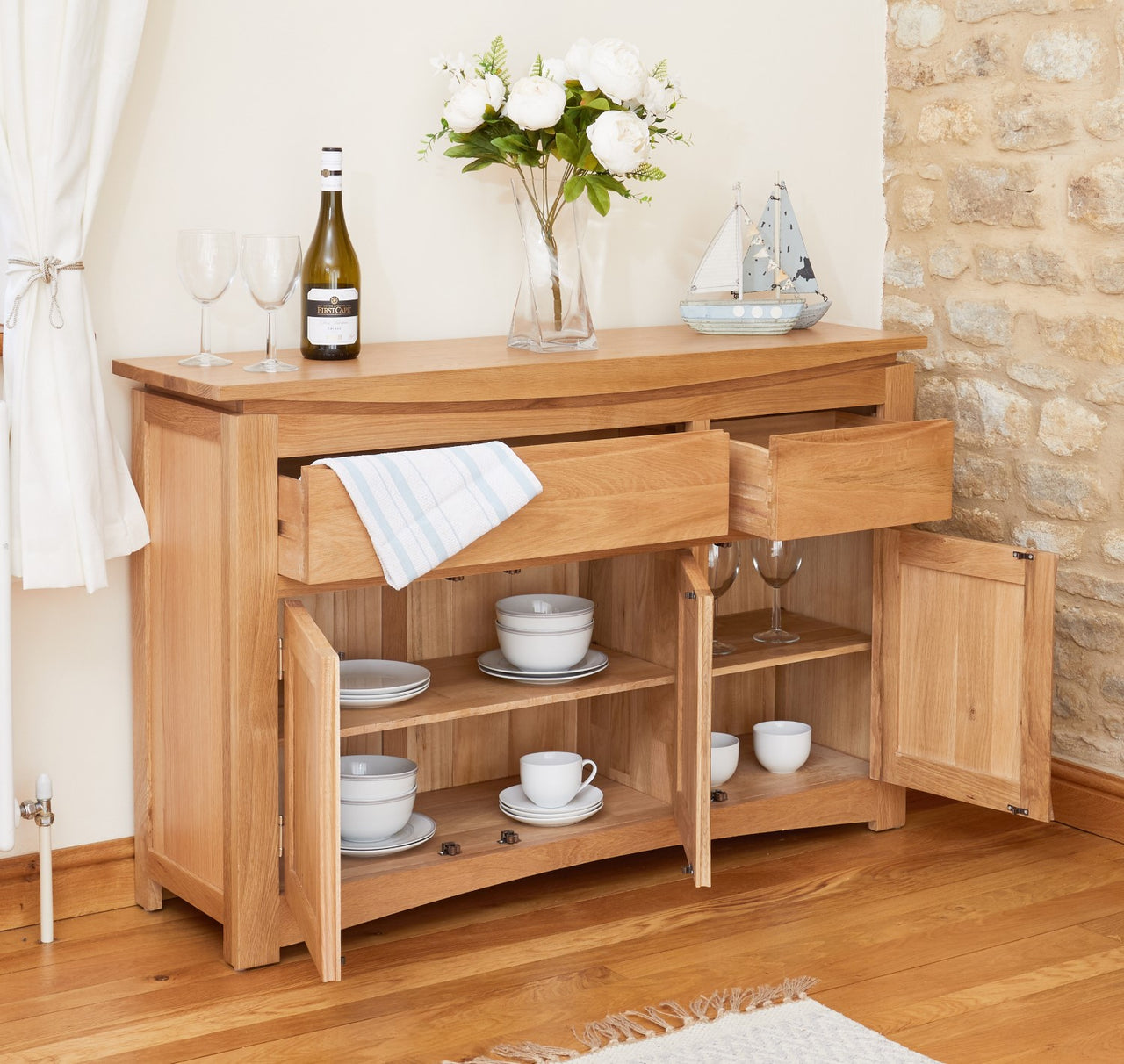 Light Solid Oak Large Wide Sideboard Cupboard 3 Doors 2 Drawers