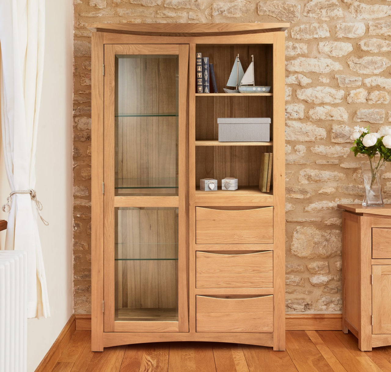 Light Oak Glazed Display Cabinet with Lights