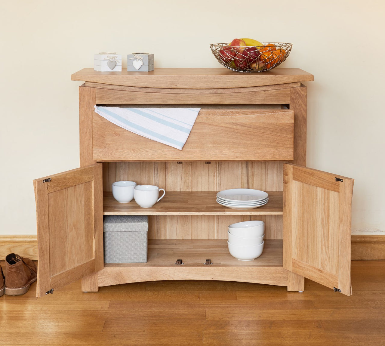 Light Solid Oak Small Sideboard Cupboard 2 Doors 1 Drawer