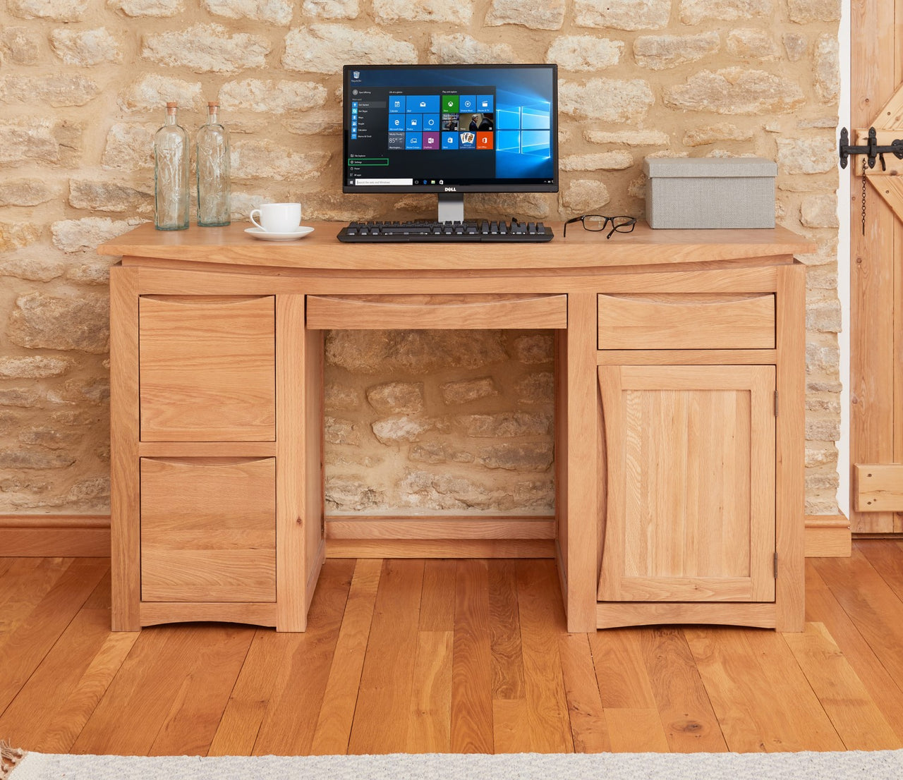 Light Oak Home Office Computer Study Desk 2 Filing Drawers and Cupboard