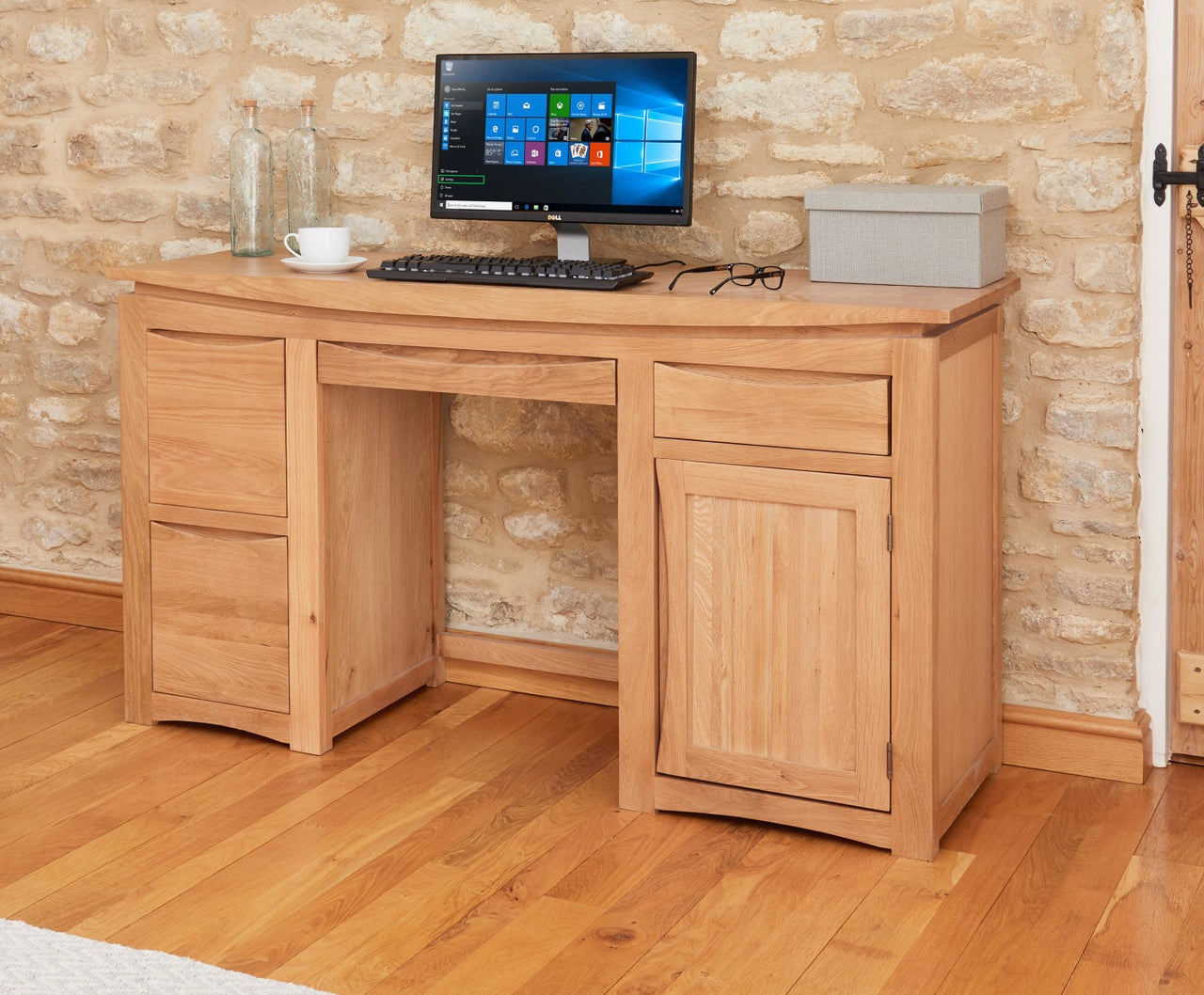 Light Oak Home Office Computer Study Desk 2 Filing Drawers and Cupboard