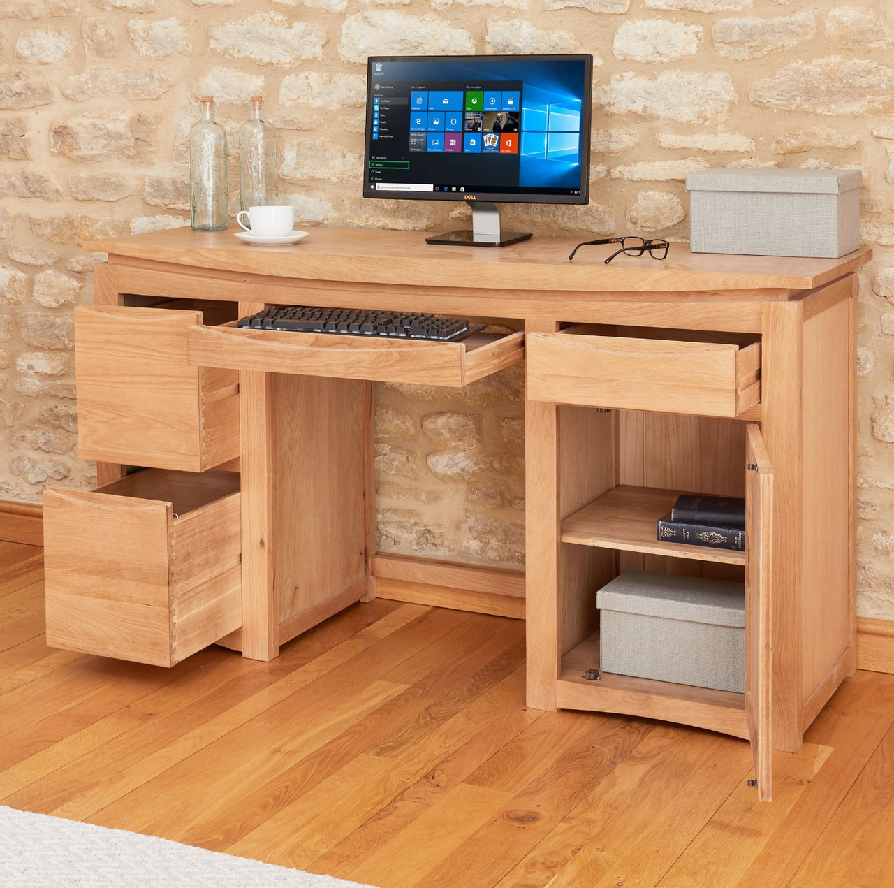 Light Oak Home Office Computer Study Desk 2 Filing Drawers and Cupboard