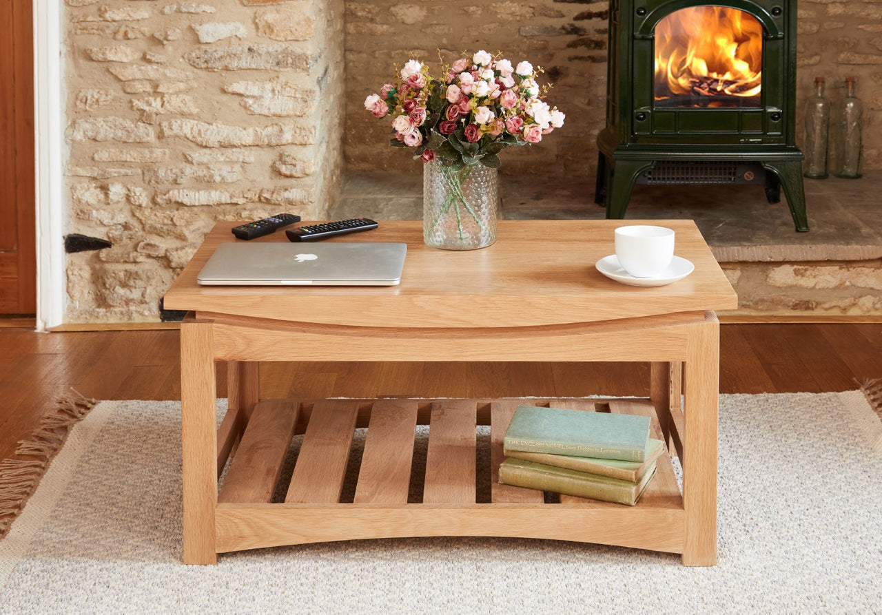 Light Solid Oak Coffee Table With Open Wood Plank Base