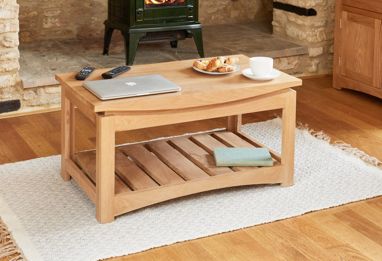 Light Solid Oak Coffee Table With Open Wood Plank Base