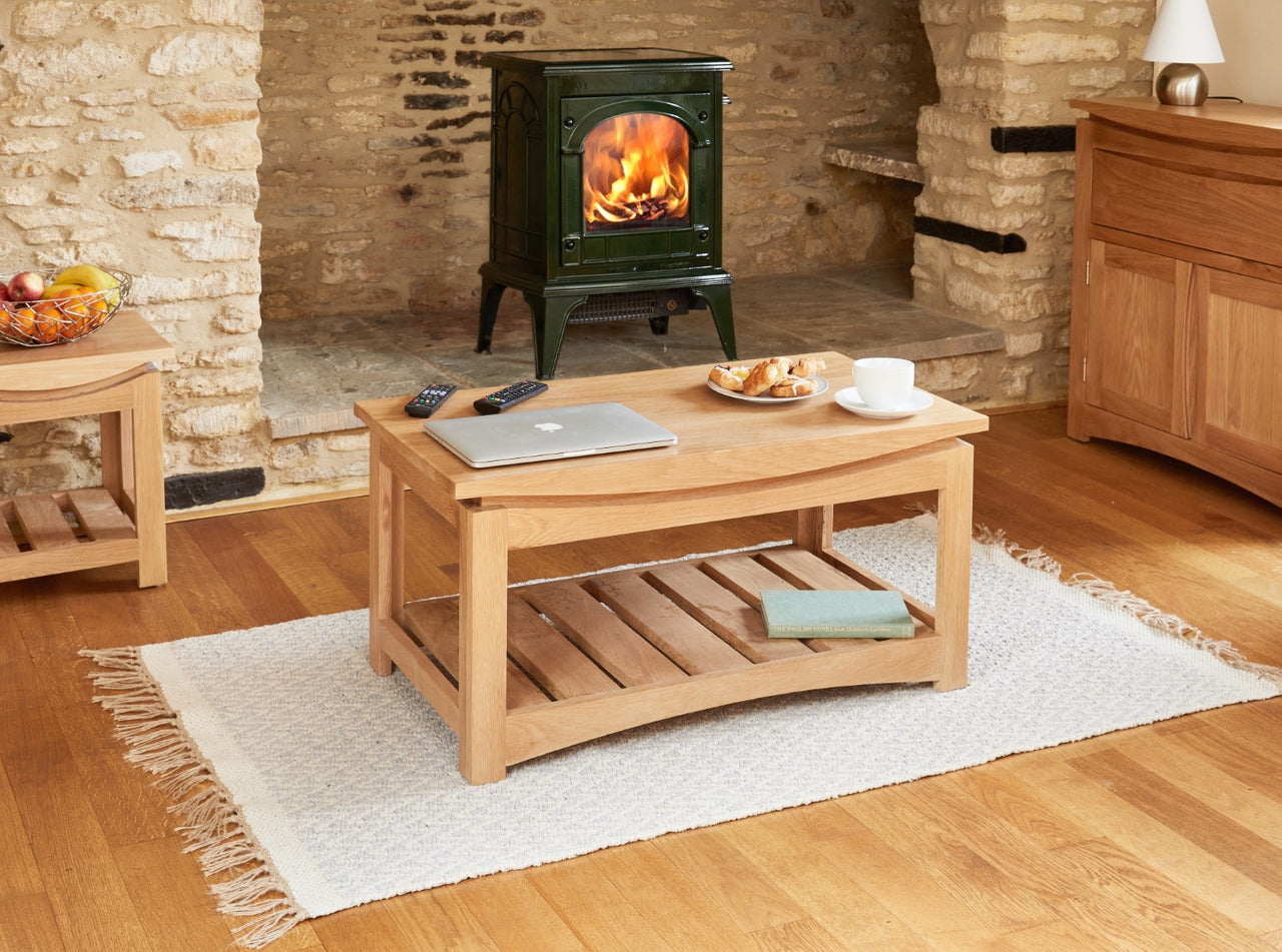 Light Solid Oak Coffee Table With Open Wood Plank Base