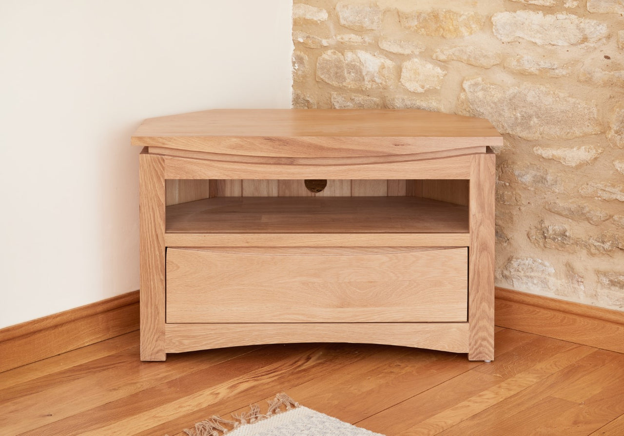 Light Solid Oak Corner TV Cabinet 1 Drawer Base