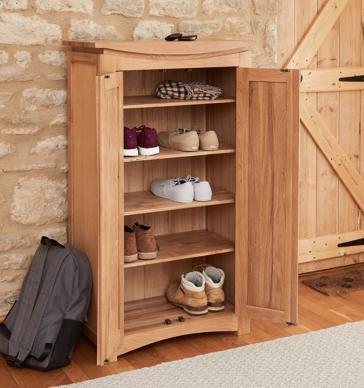 Tall Slim Light Solid Oak Shoe Cabinet 2 Doors