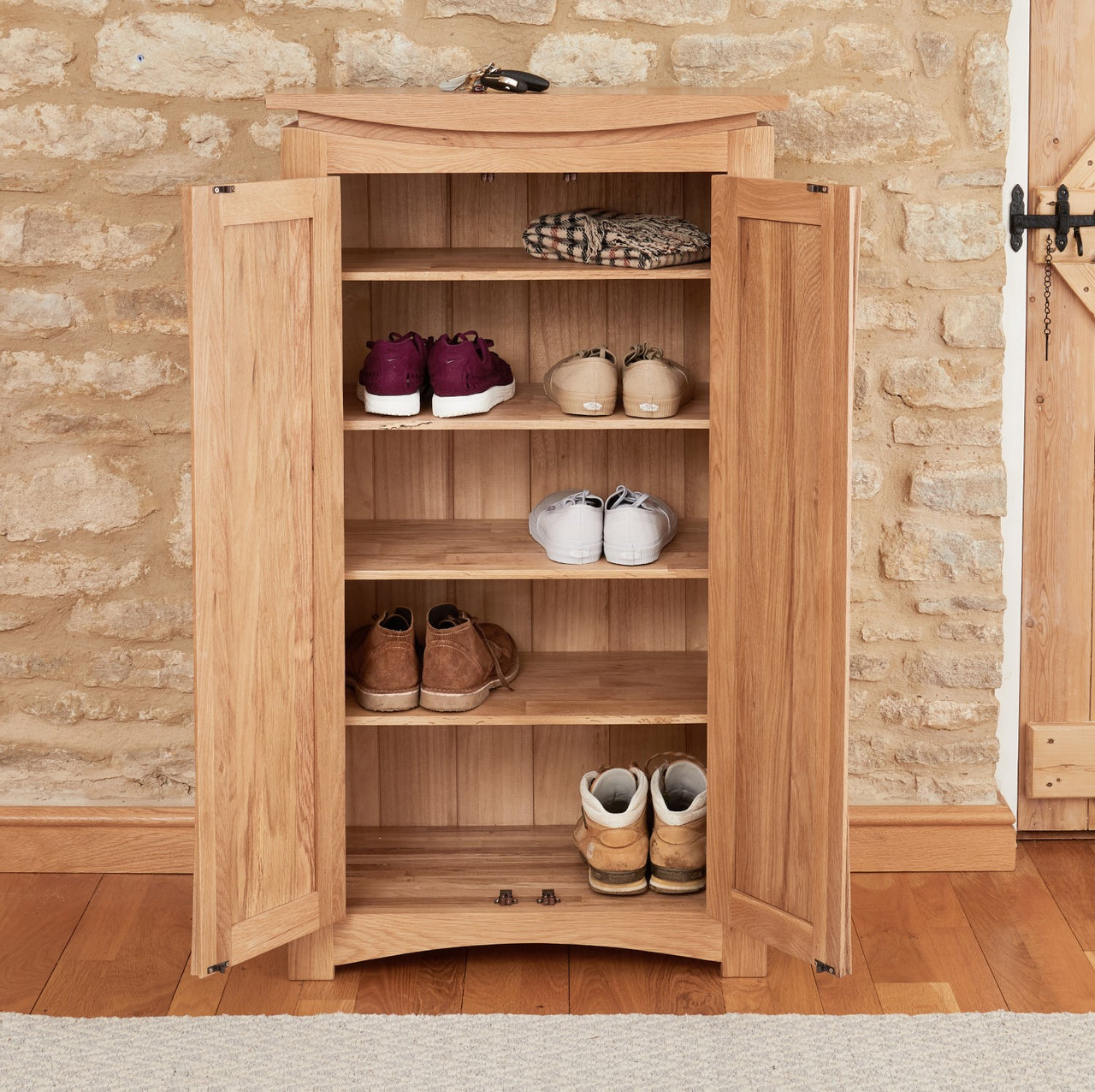 Tall Slim Light Solid Oak Shoe Cabinet 2 Doors