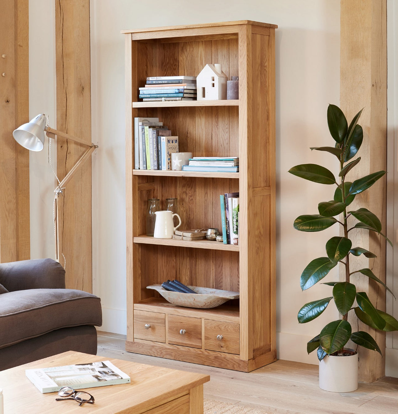 Light Oak Large Tall Bookcase With 3 Drawer Base and 3 Fixed Shelves