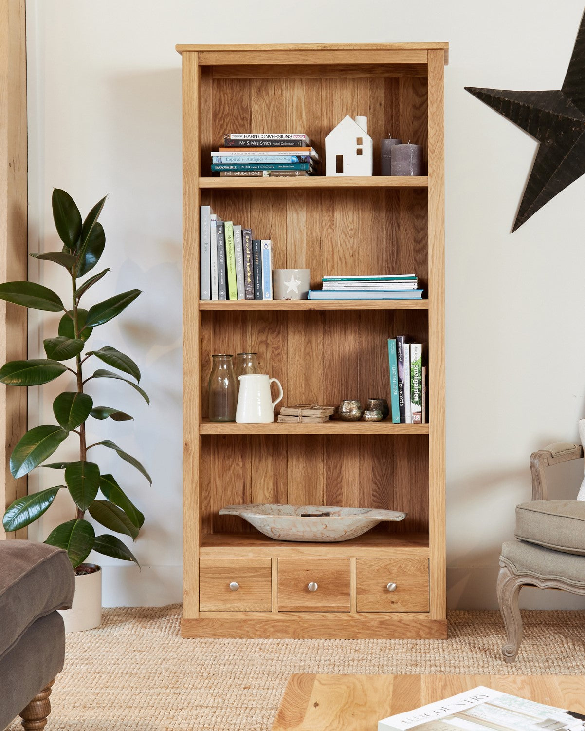 Light Oak Large Tall Bookcase With 3 Drawer Base and 3 Fixed Shelves