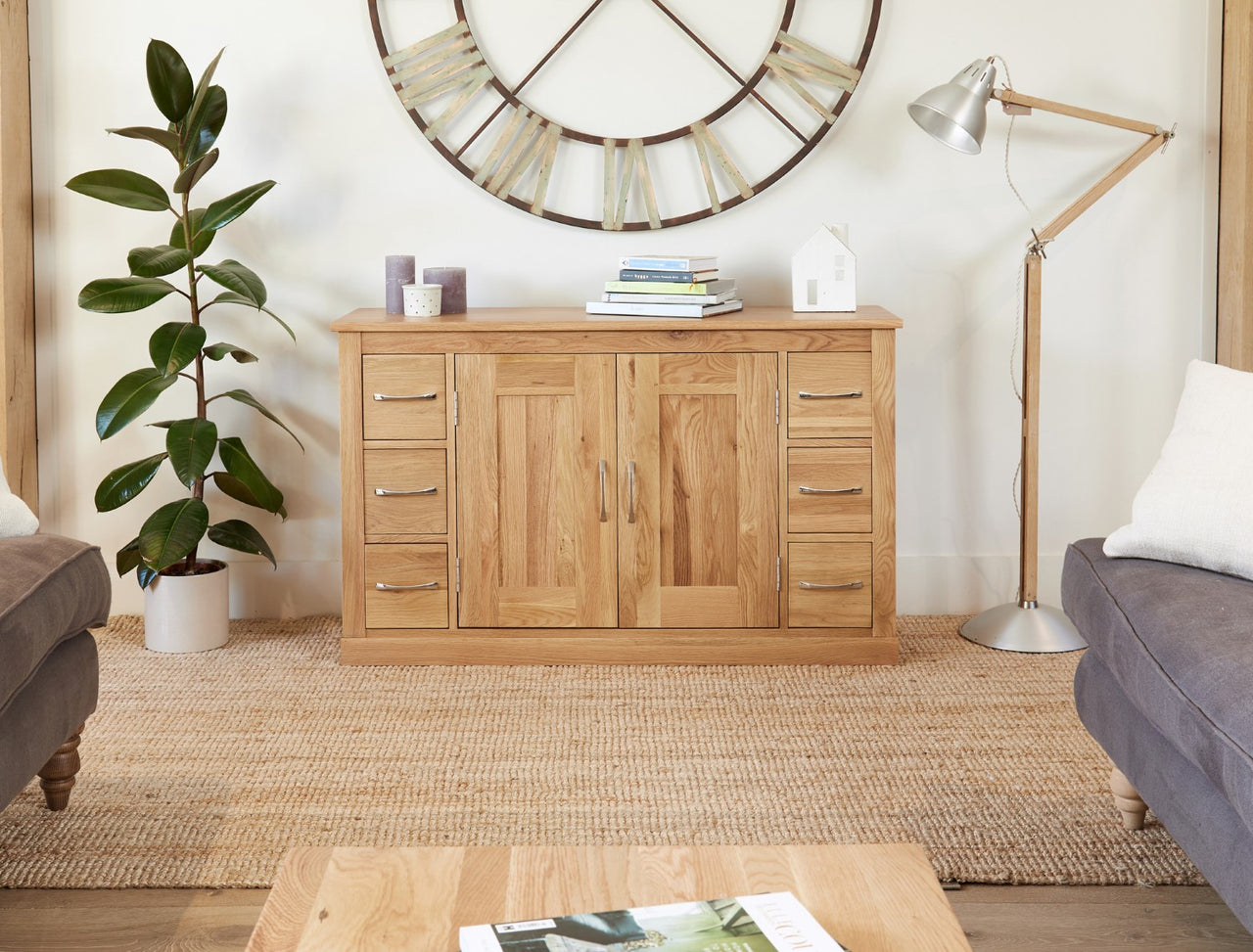 Light Oak Large 6 Drawer Sideboard with Storage Cupboards