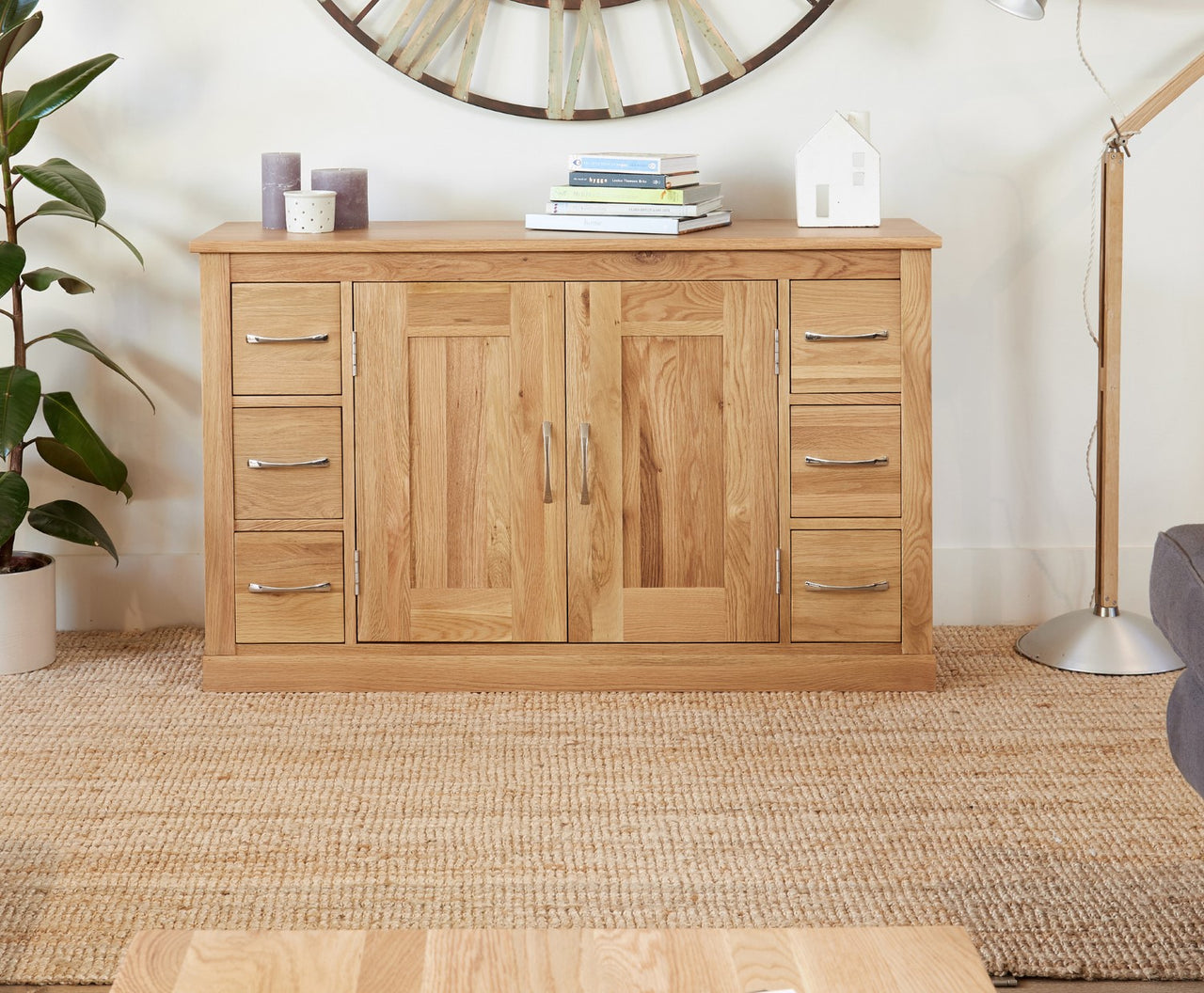 Light Oak Large 6 Drawer Sideboard with Storage Cupboards