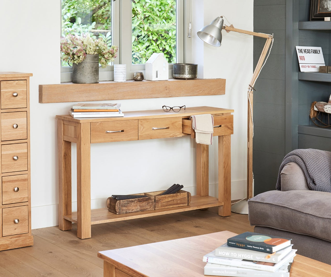 Solid Light Oak Wide Console Table With 3 Drawers and Bottom Shelf