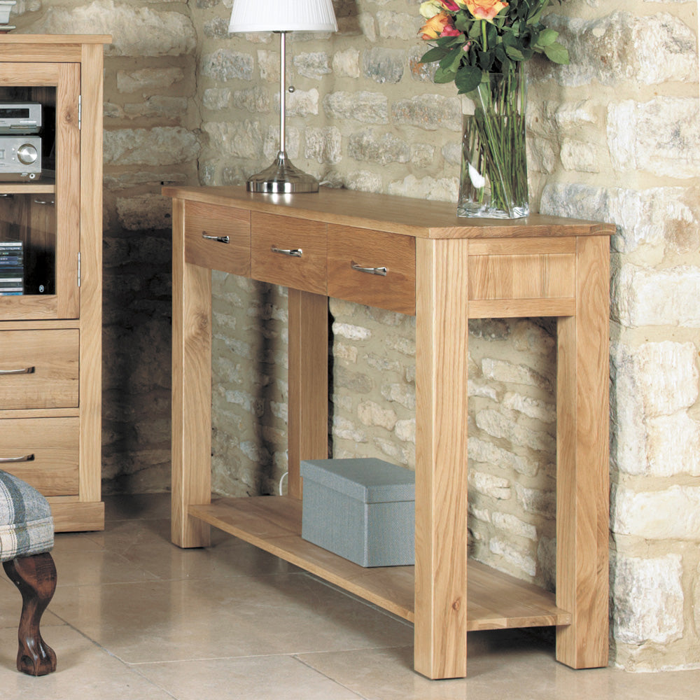 Solid Light Oak Wide Console Table With 3 Drawers and Bottom Shelf