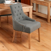 Thumbnail for Pair Of Oak Stone Grey Fabric Dining Chairs Buttoned Silver Studded Ring Back