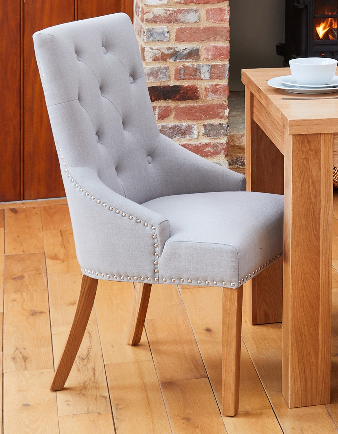 Pack Of Two Oak Accent Narrow Back Light Grey Fabric Dining Chair