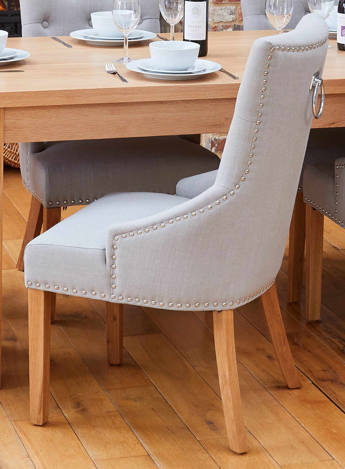 Pack Of Two Oak Accent Narrow Back Light Grey Fabric Dining Chair