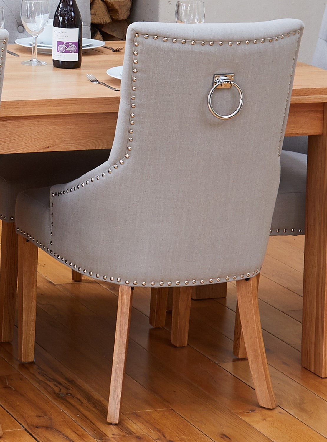 Pack Of Two Oak Accent Narrow Back Light Grey Fabric Dining Chair