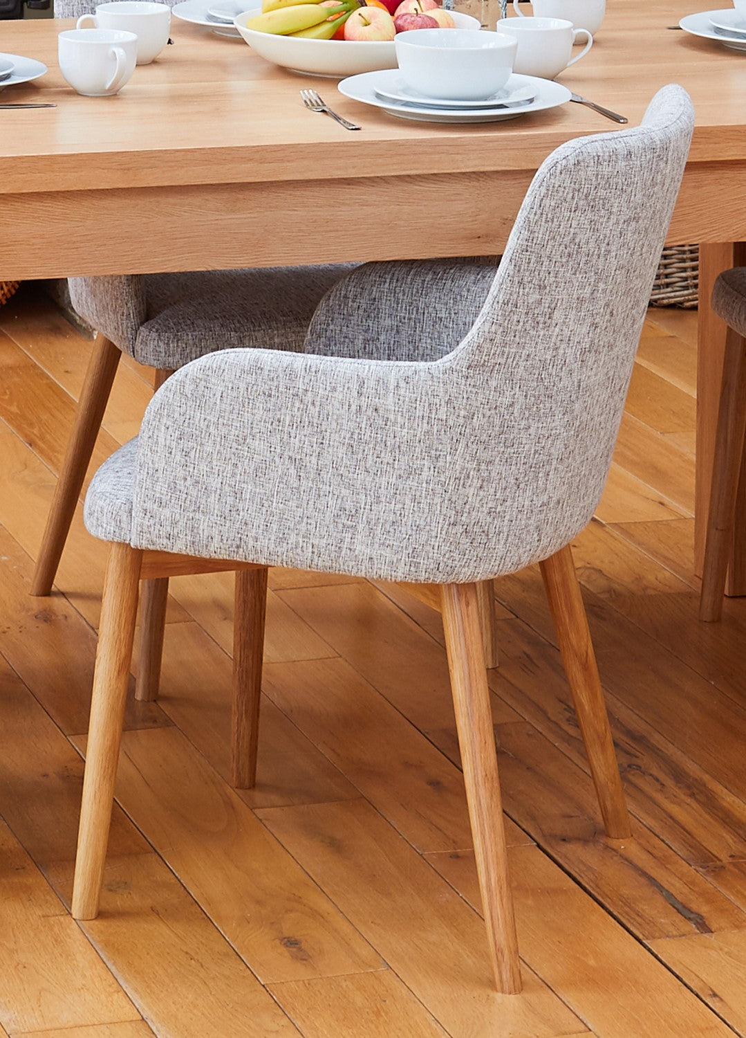 Pair of Oak Light Grey Fabric Dining Chairs