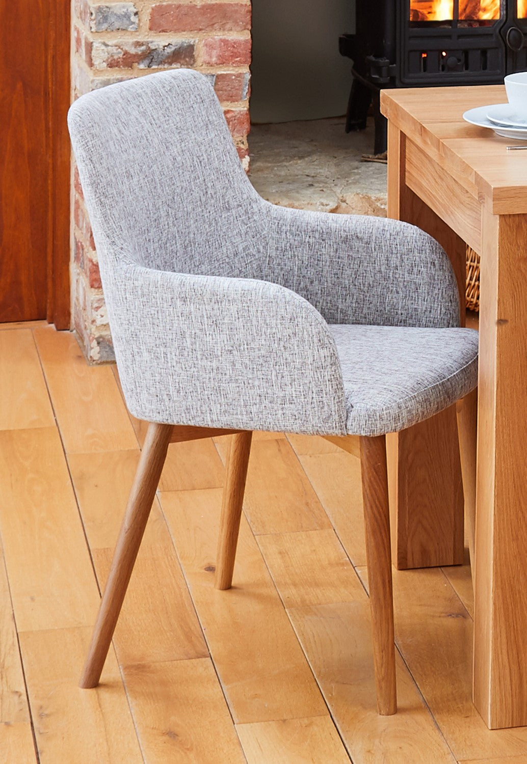 Pair of Oak Light Grey Fabric Dining Chairs