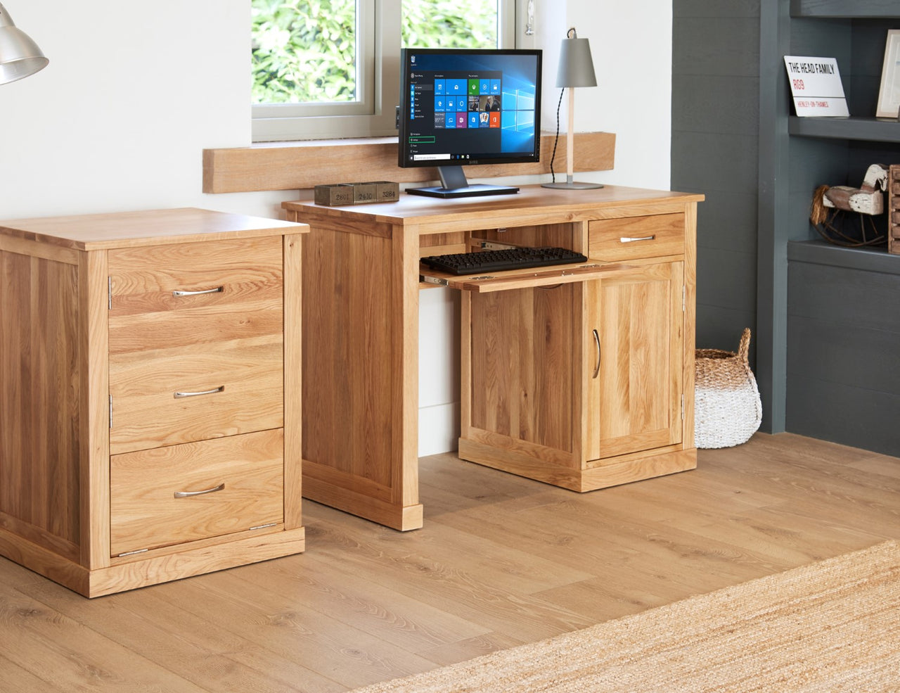 Solid Light Oak Single Pedestal Computer Desk Cupboard and Drawer