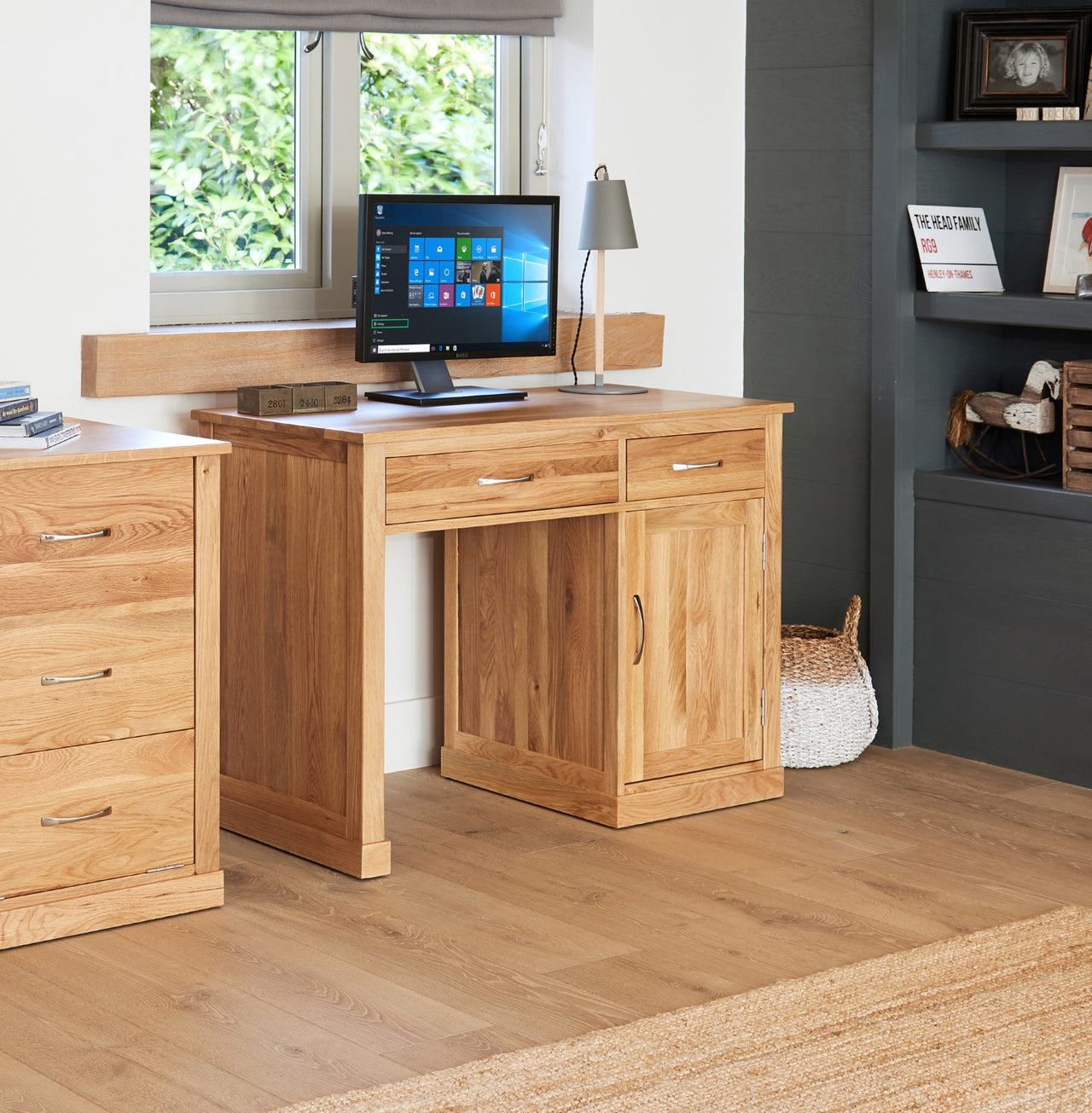 Solid Light Oak Single Pedestal Computer Desk Cupboard and Drawer