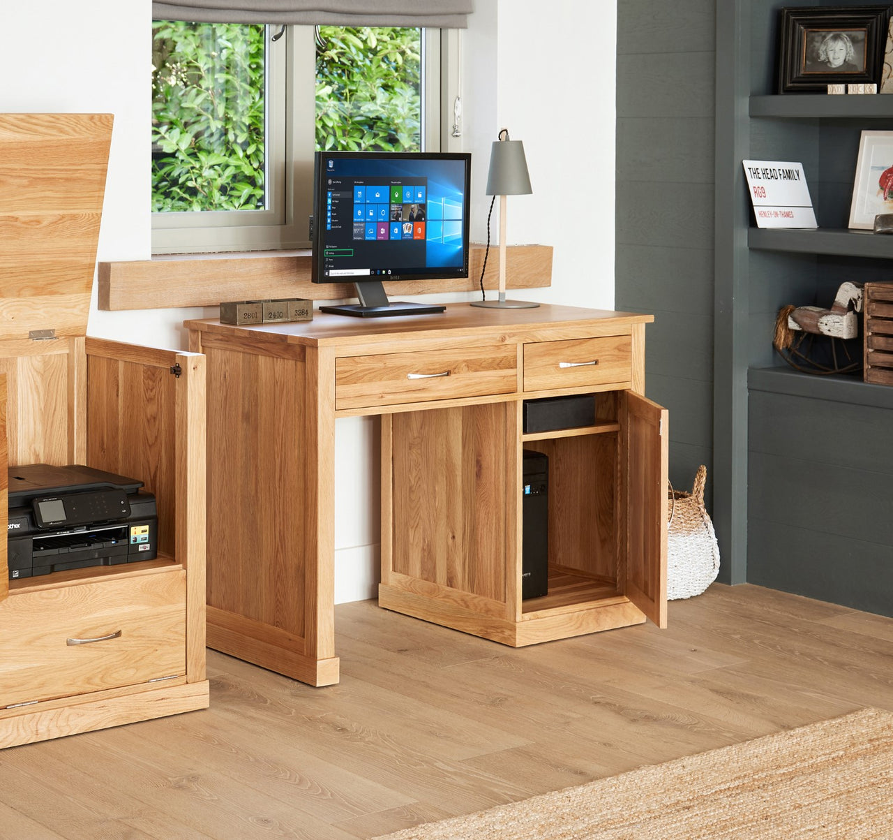 Solid Light Oak Single Pedestal Computer Desk Cupboard and Drawer