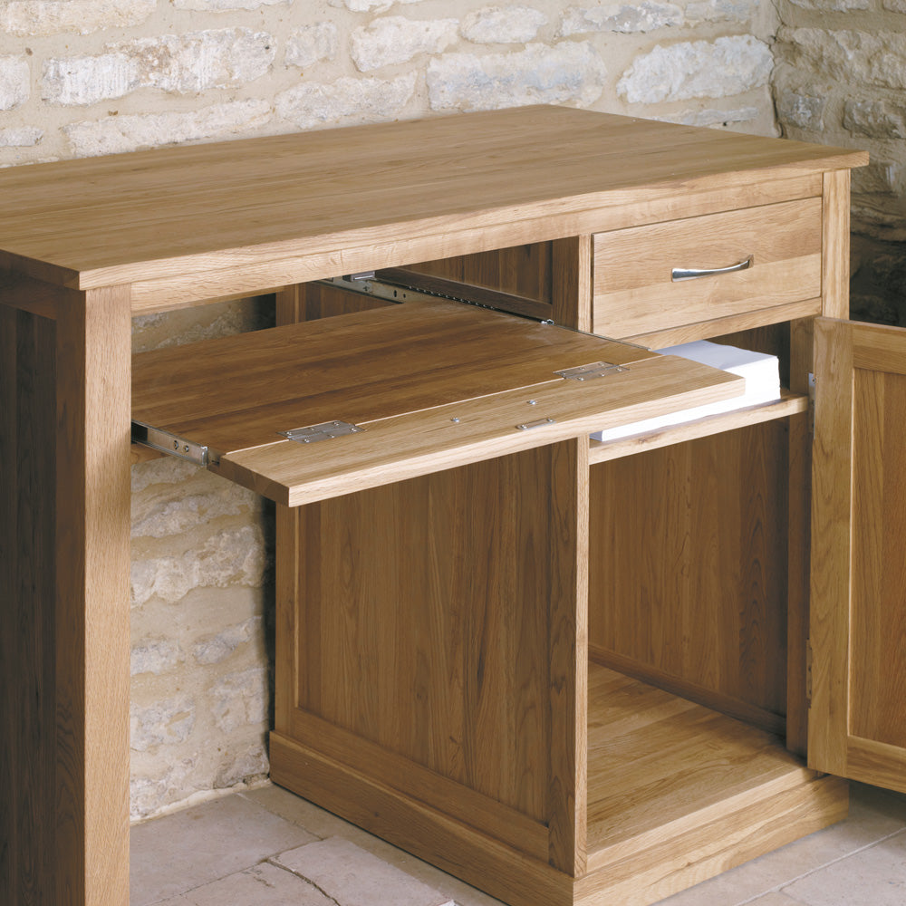 Solid Light Oak Single Pedestal Computer Desk Cupboard and Drawer