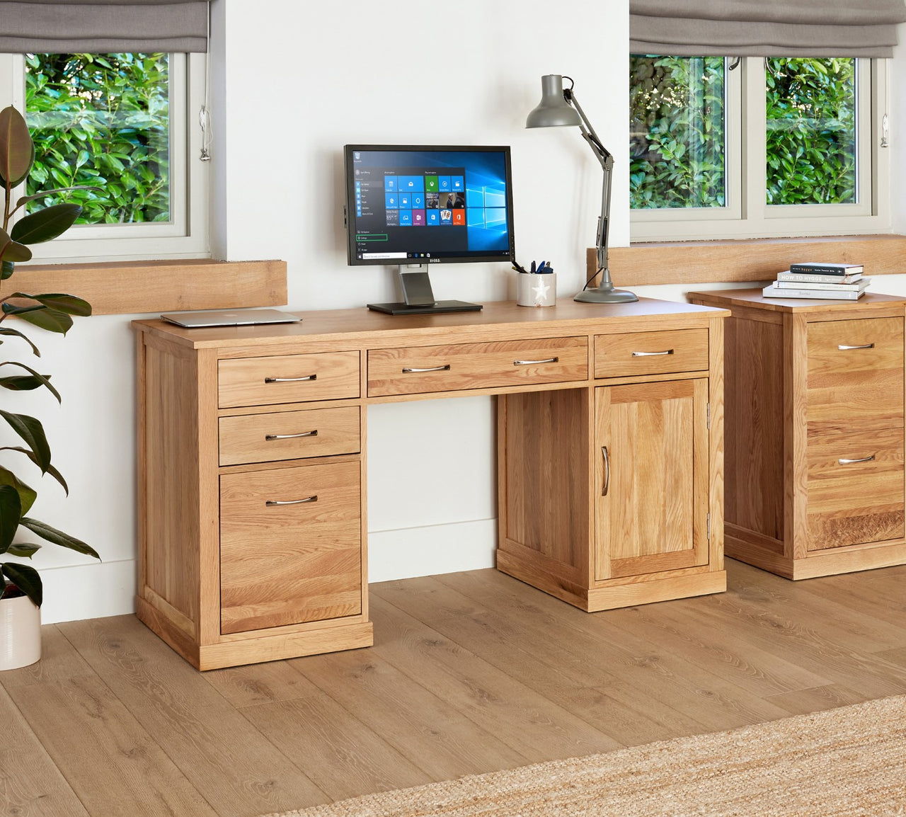 Light Oak Twin Pedestal Computer Desk With PC Cupboard and Filing Drawer