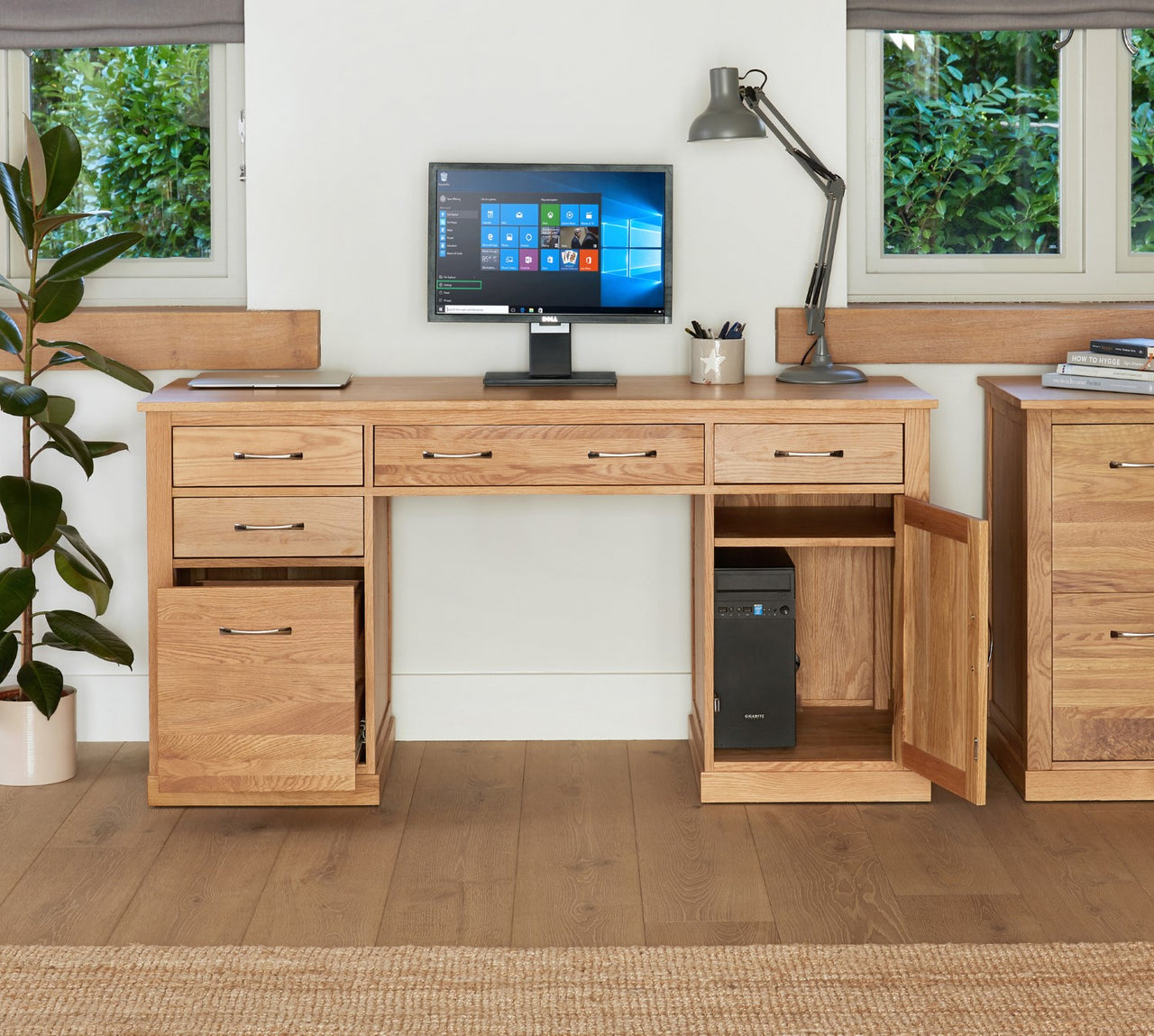 Light Oak Twin Pedestal Computer Desk With PC Cupboard and Filing Drawer