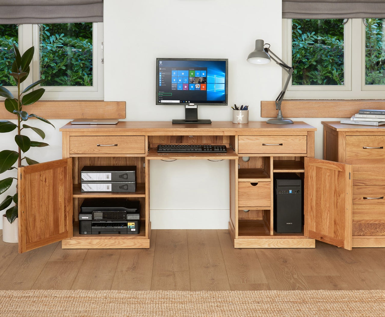 Light Oak Large Hidden Home Office Twin Pedestal Computer Desk Dressing Table