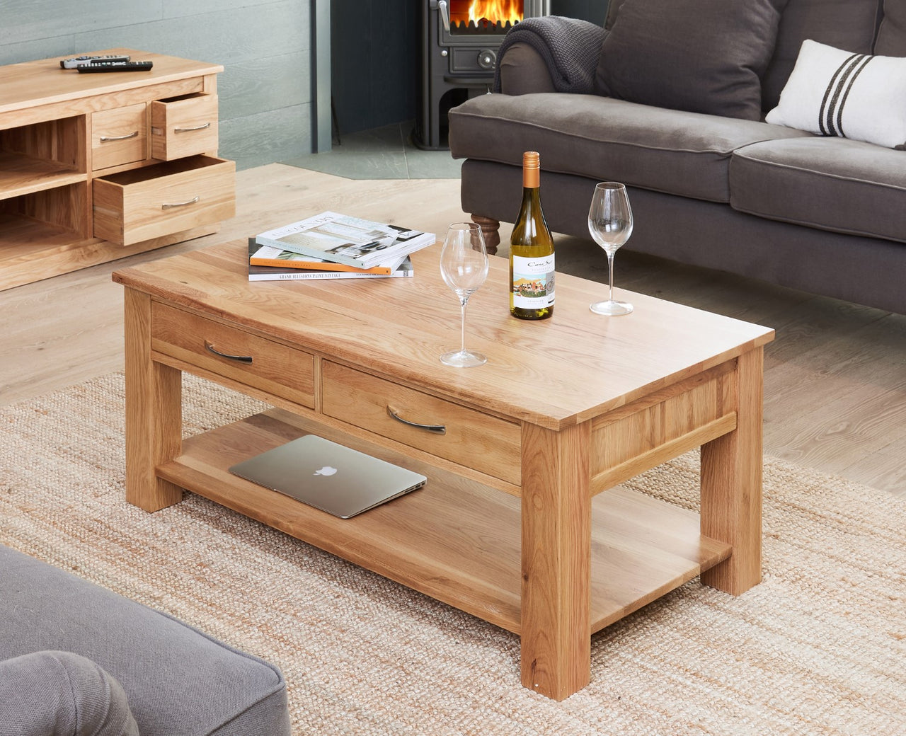 Light Oak 4 Drawer Rectangular Coffee Table Open Base