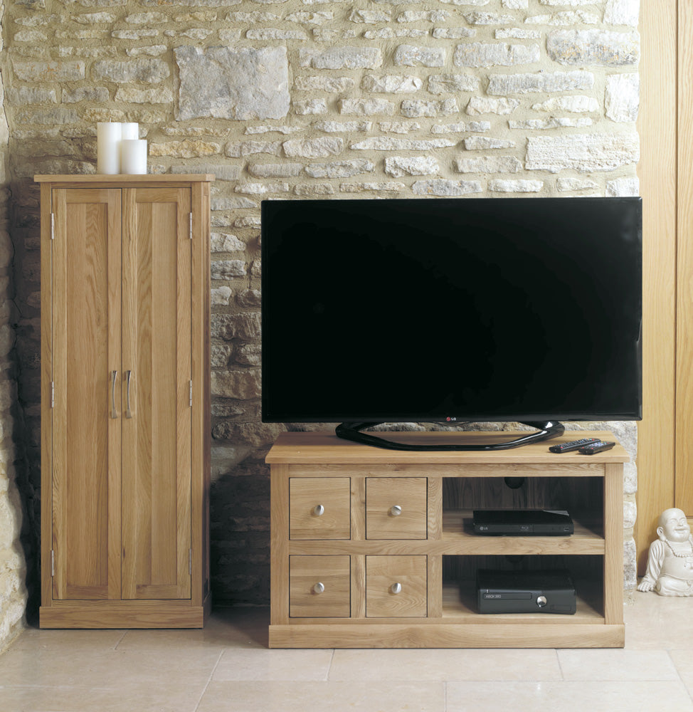 Solid Light Oak TV Cabinet Open Shelf 4 Drawers