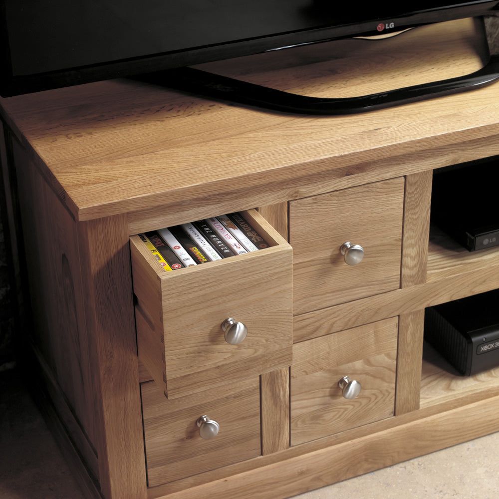 Solid Light Oak TV Cabinet Open Shelf 4 Drawers