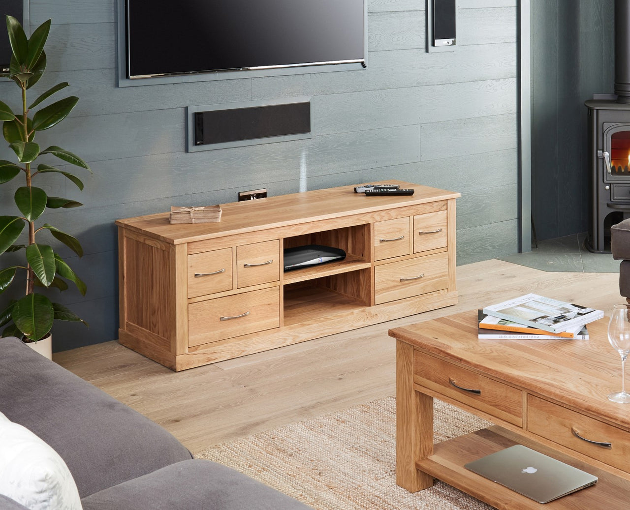 Large Widescreen TV Cabinet Open Shelf Solid Light Oak 6 Side Drawers