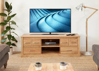 Thumbnail for Large Widescreen TV Cabinet Open Shelf Solid Light Oak 6 Side Drawers