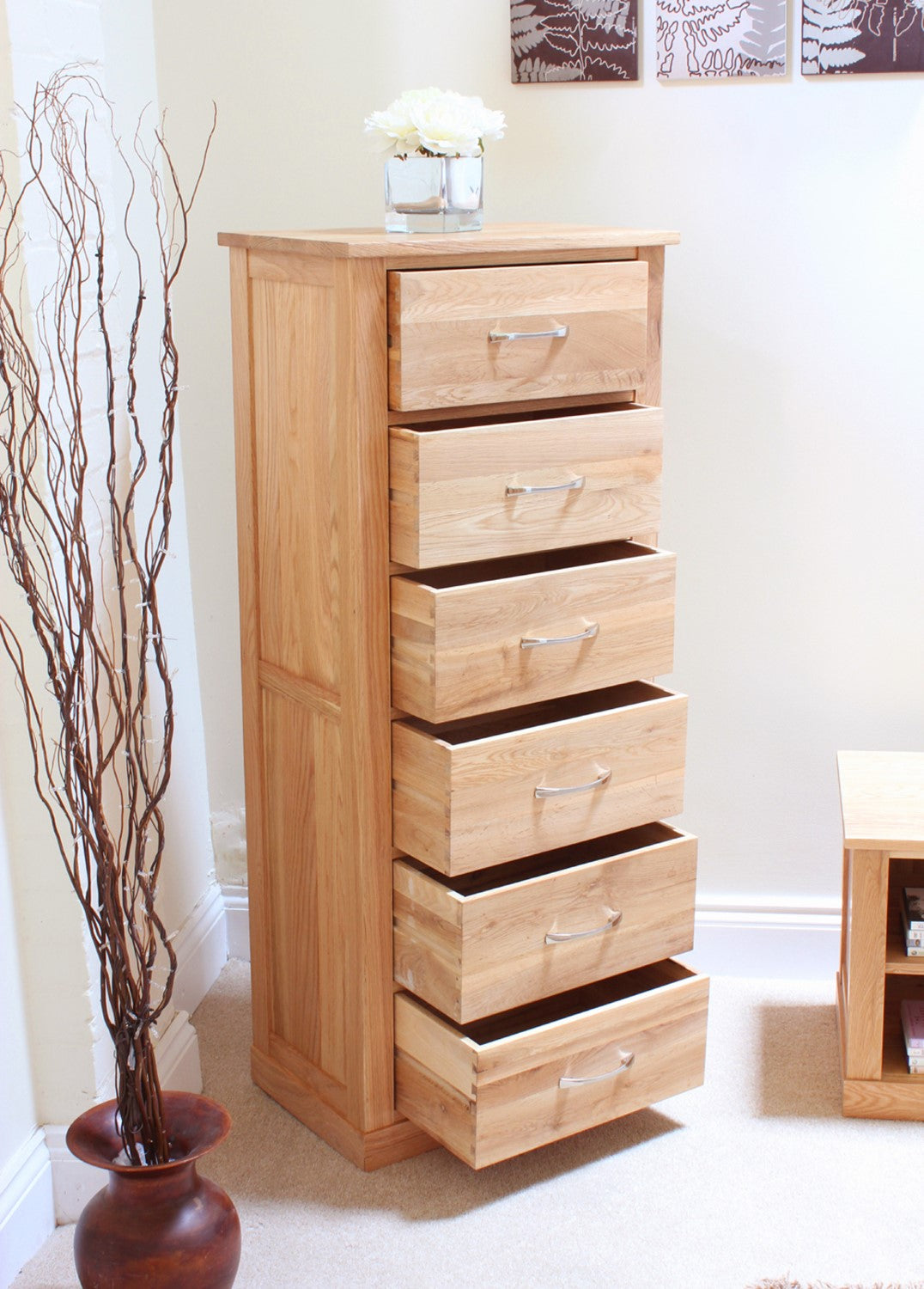 Light Oak Slim Tallboy 6 Drawer Tall Chest of Drawers Storage Chest