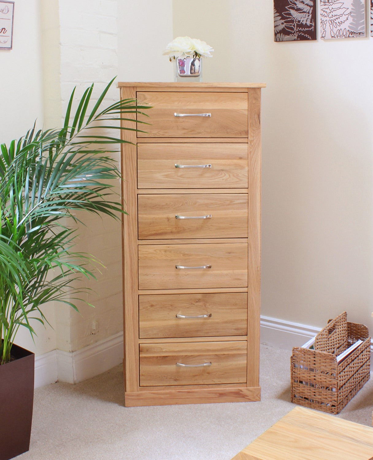 Light Oak Slim Tallboy 6 Drawer Tall Chest of Drawers Storage Chest