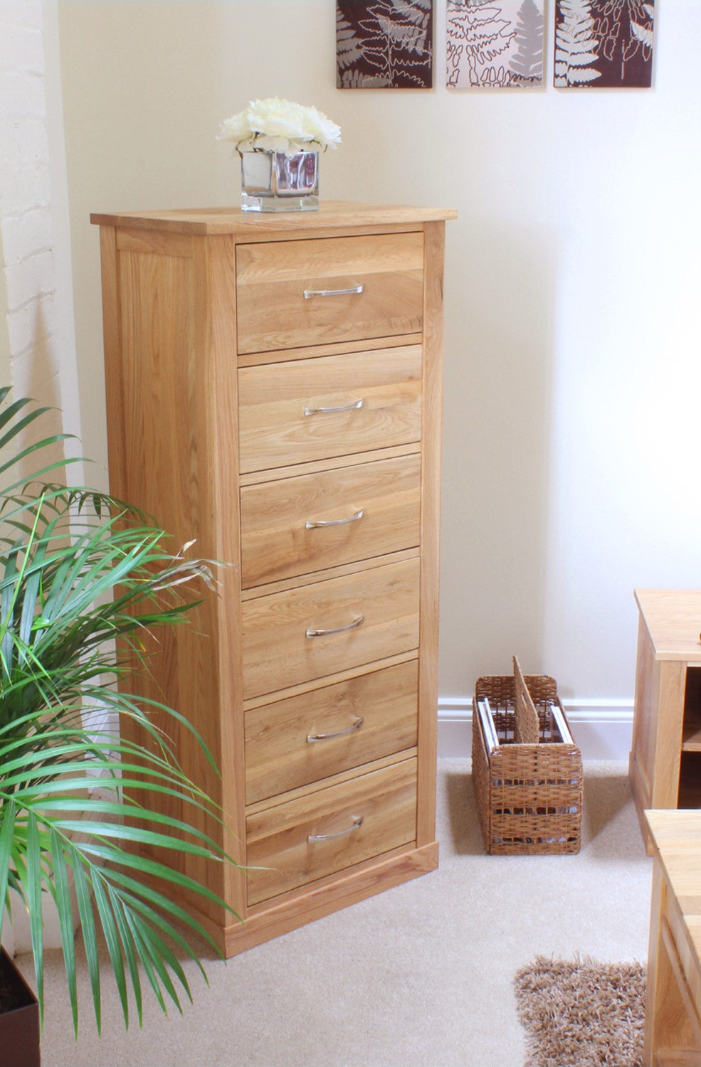 Light Oak Slim Tallboy 6 Drawer Tall Chest of Drawers Storage Chest