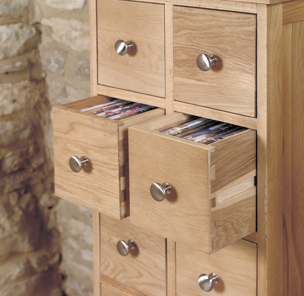 Solid Light Oak Multi 10 Drawer DVD CD Media Storage Chest of Drawers