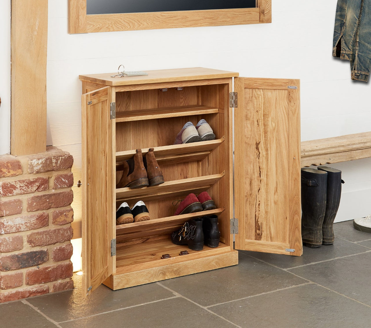 Solid Light Oak Shoe Storage Cupboard 2 Doors Slim Entrance Unit