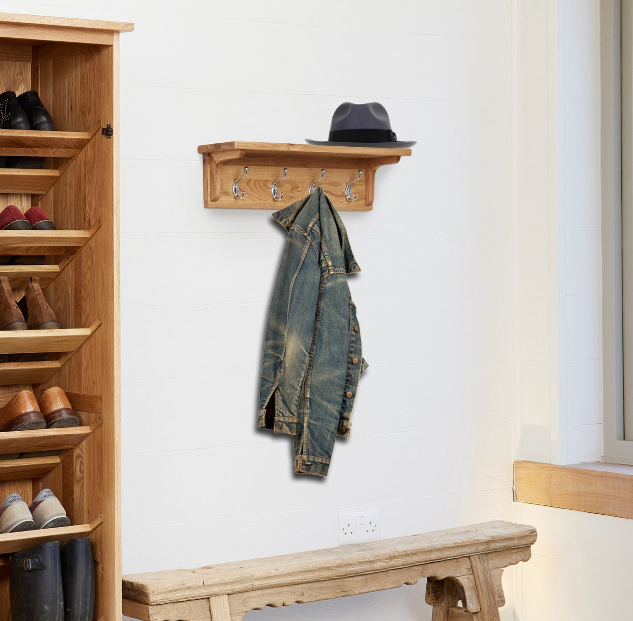 Solid Light Oak Wall Mounted Coat Rack