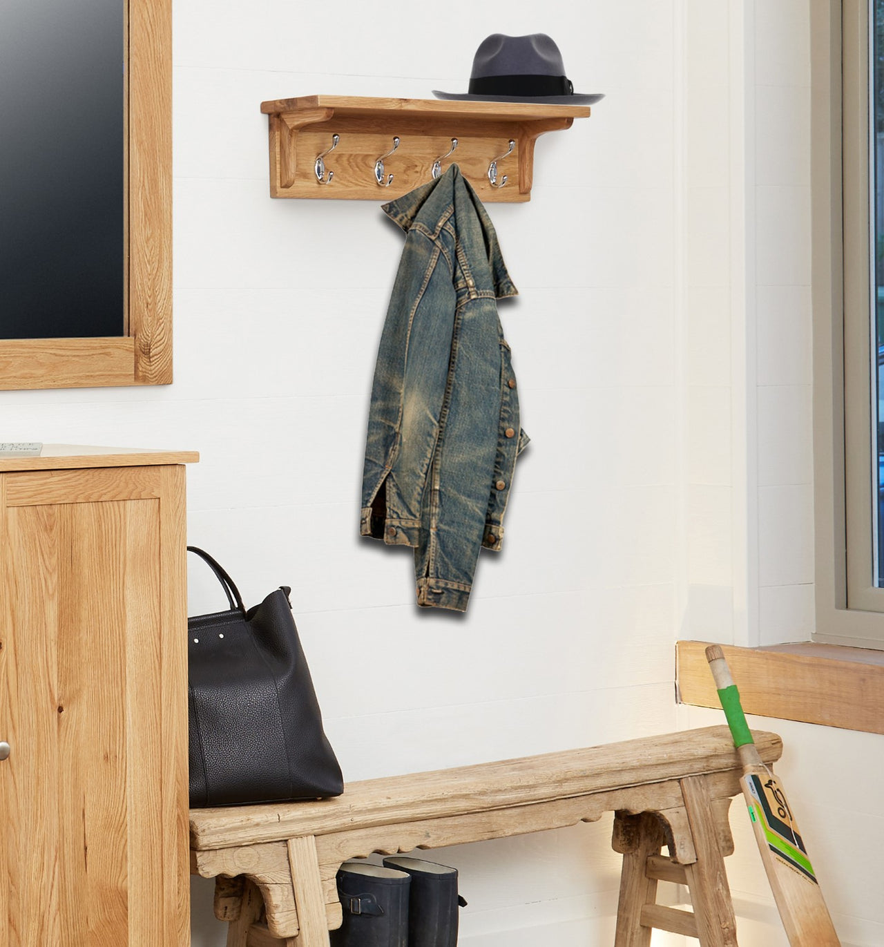 Solid Light Oak Wall Mounted Coat Rack