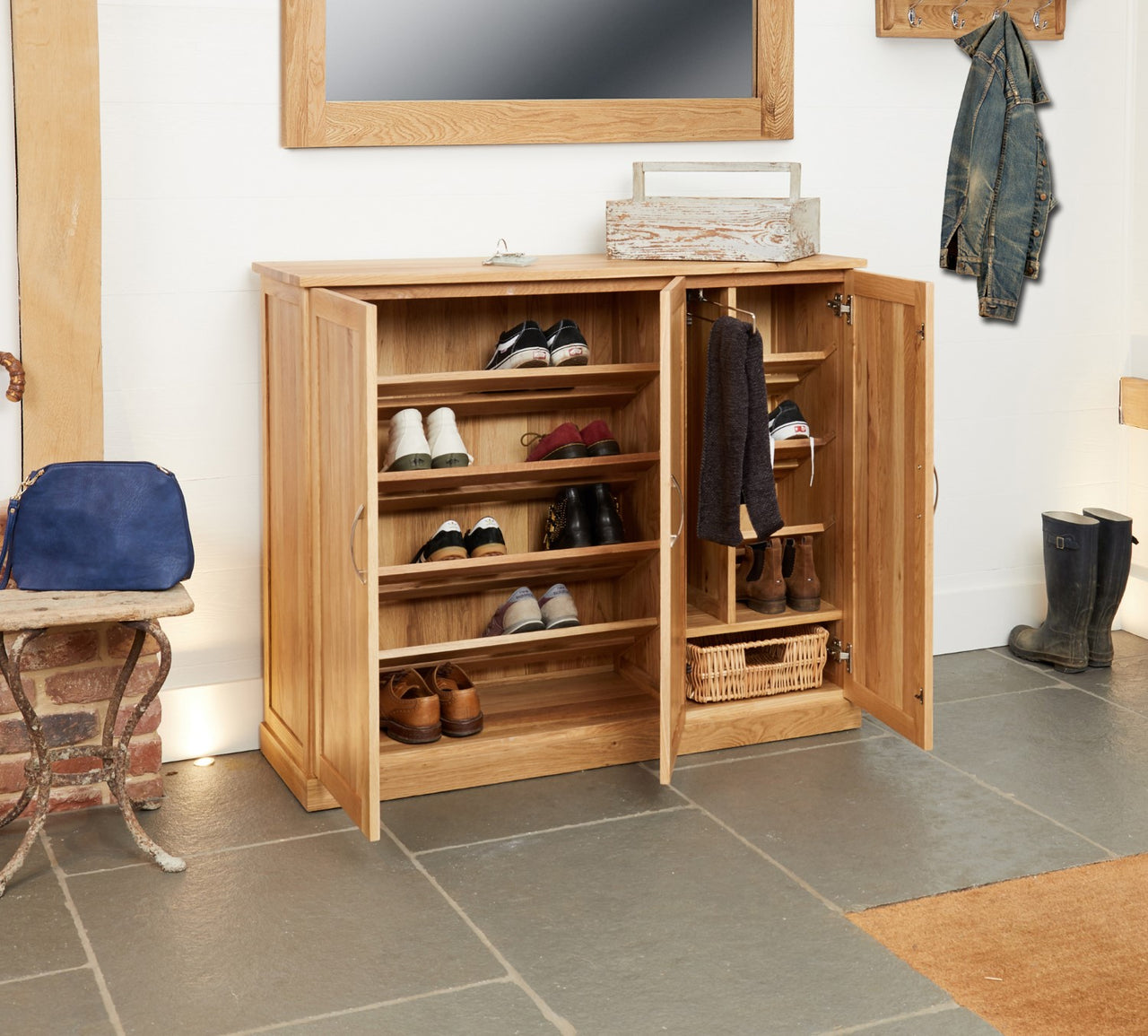 Light Oak Large Wide Shoe Storage Cupboard